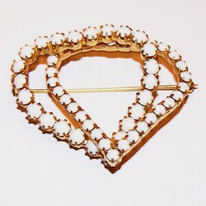 Vintage Milk Glass Stones Two Hearts‎ Shape Brooch
